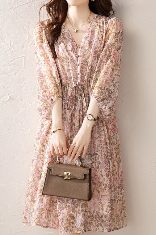 Elegantes Blumenmuster Kurzarmkleid (5/8 Länge)