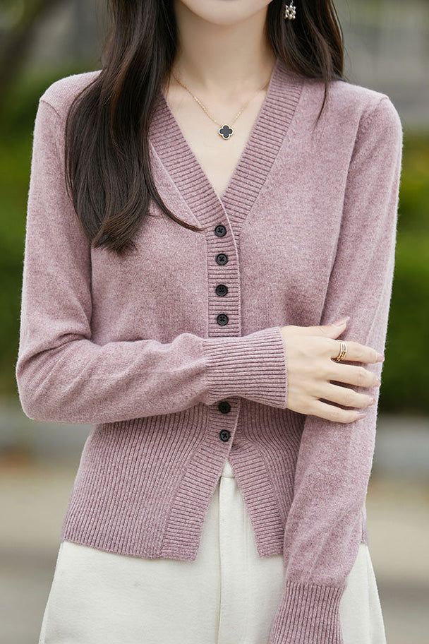 Frühherbstlicher sanfter V-Ausschnitt Strickcardigan