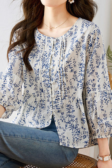 Modisches lässiges Hemd mit Blumenmuster und 3/4-Ärmeln