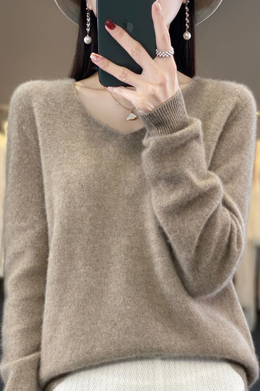 Frühherbst einfacher lockerer V-Ausschnitt Pullover