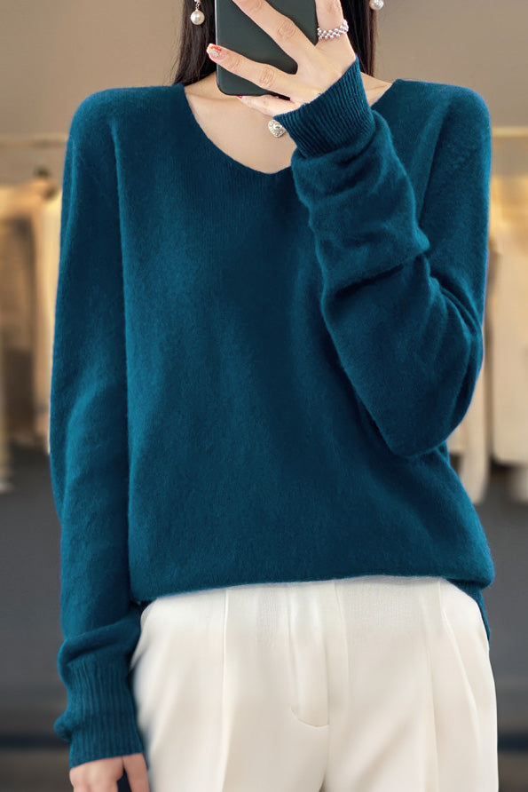 Frühherbst einfacher lockerer V-Ausschnitt Pullover