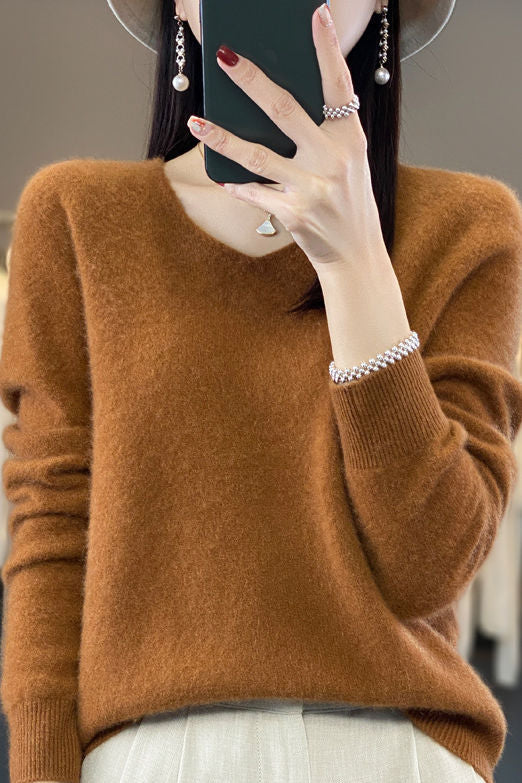 Frühherbst einfacher lockerer V-Ausschnitt Pullover