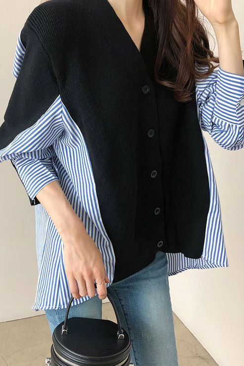 Lässiger, farbblockierter, gesplitteter gestreifter Mantel