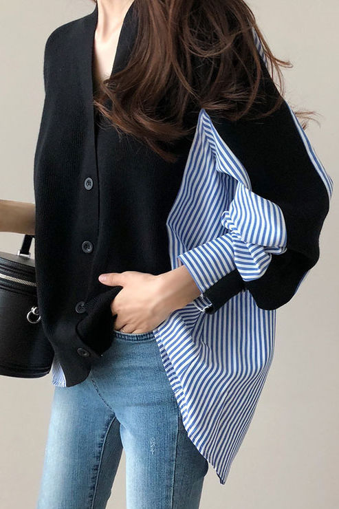 Lässiger, farbblockierter, gesplitteter gestreifter Mantel