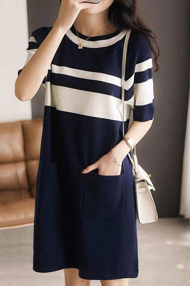 Einfaches Farbblock-Horizontales Gestreiftes Kleid