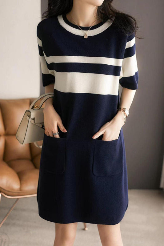 Einfaches Farbblock-Horizontales Gestreiftes Kleid