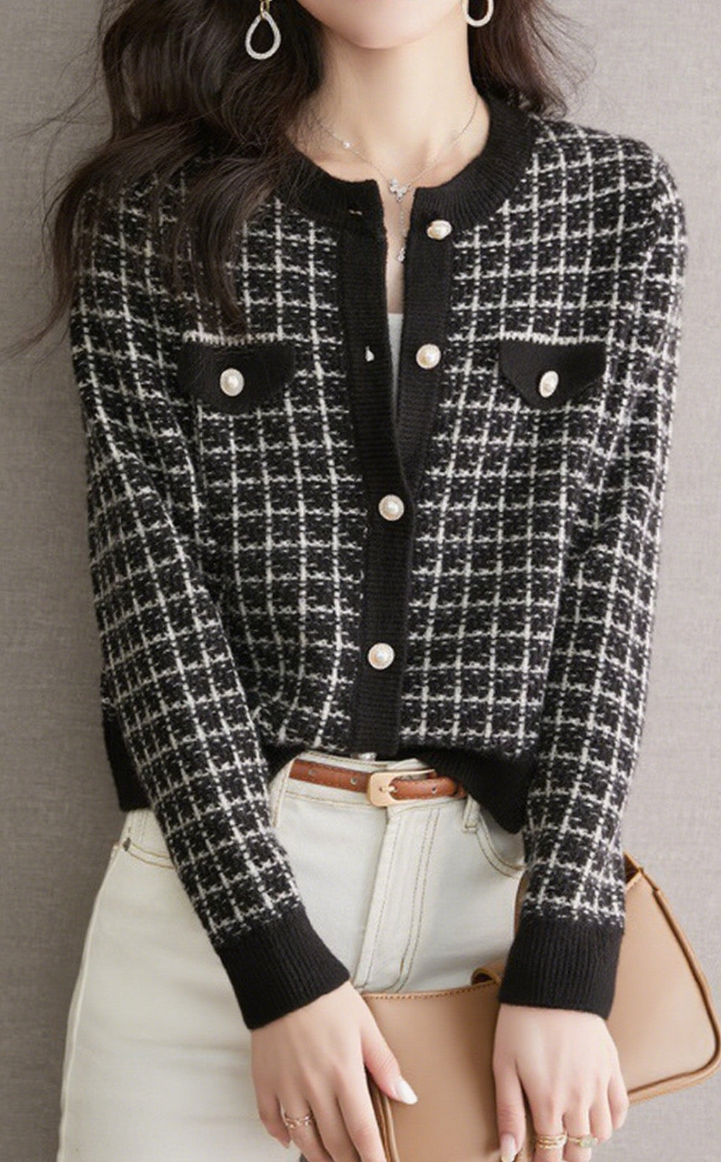 Frühherbst Karierte Textur Strickjacke