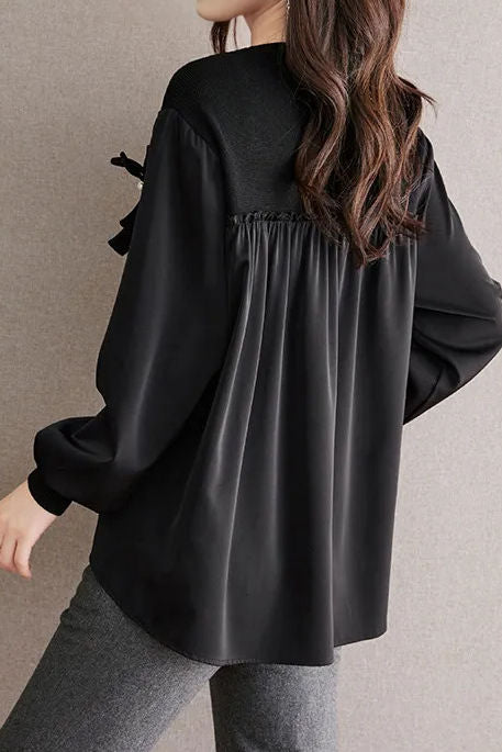 Elegantes Bow-Patchwork Lockere Strickoberteil