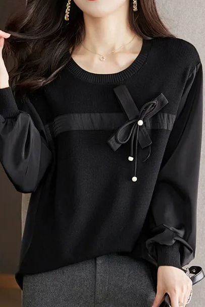 Elegantes Bow-Patchwork Lockere Strickoberteil