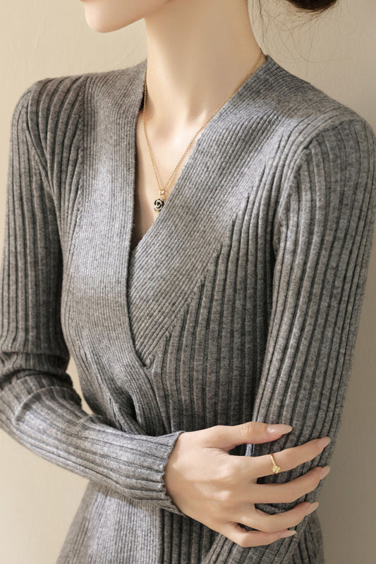 Elegantes V-Ausschnitt Langarm-Stricktop mit Kreuzknoten