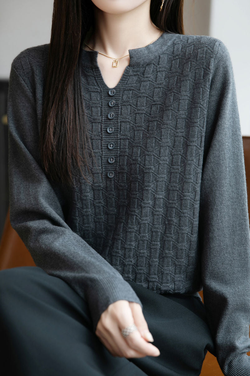 Lässiger vielseitiger V-Ausschnitt dekorativer Knopf strukturierter Langarm-Pullover