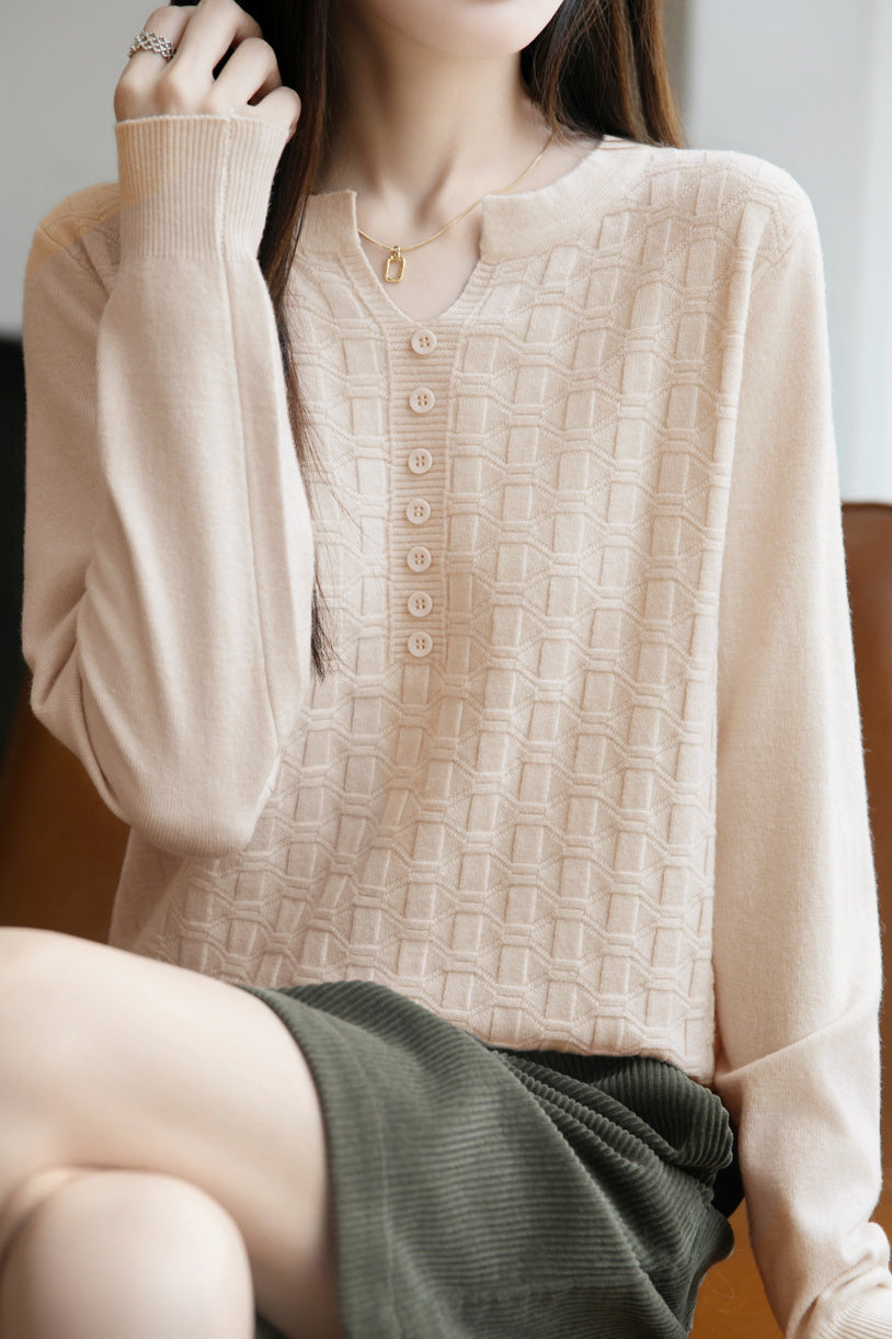Lässiger vielseitiger V-Ausschnitt dekorativer Knopf strukturierter Langarm-Pullover