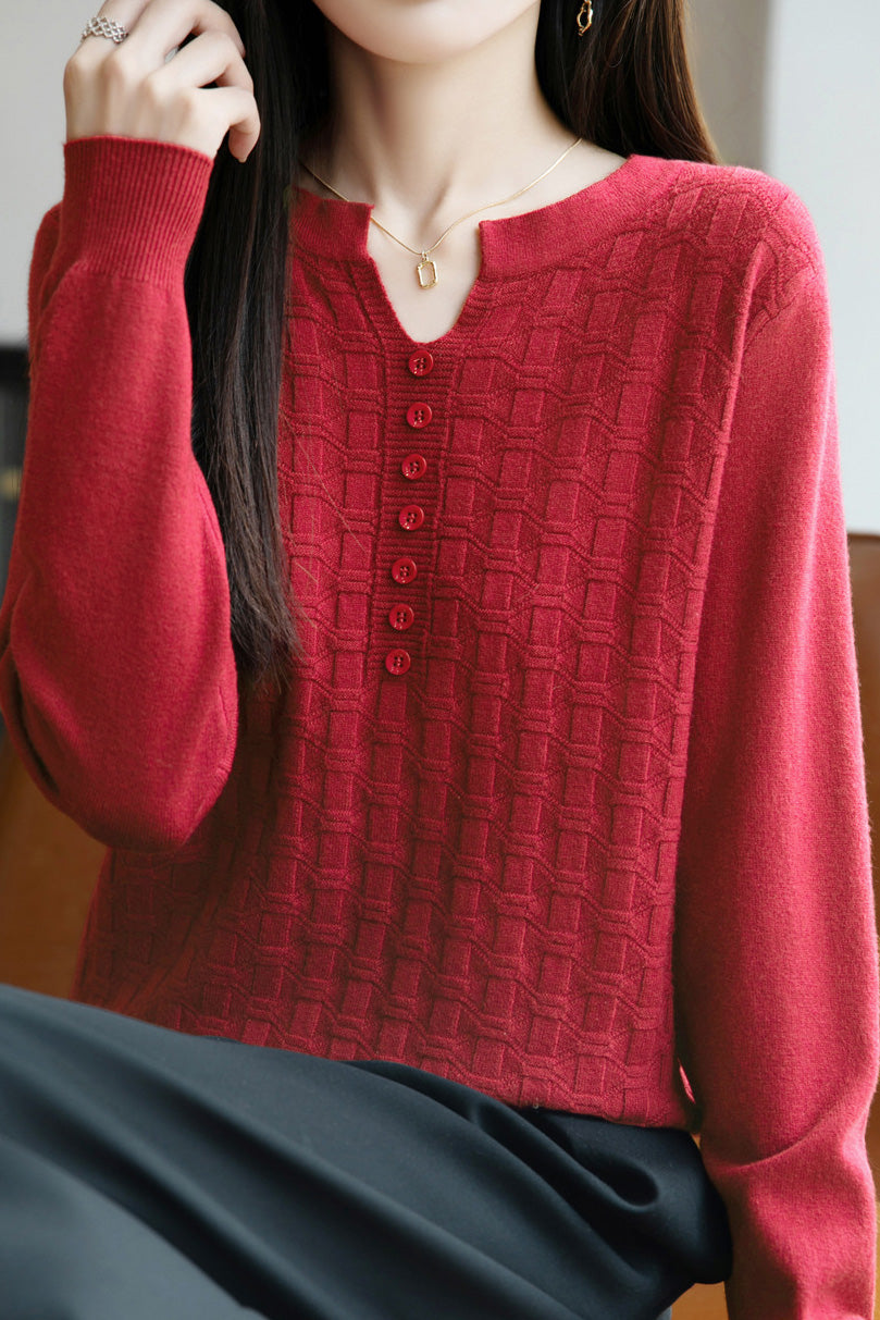 Lässiger vielseitiger V-Ausschnitt dekorativer Knopf strukturierter Langarm-Pullover