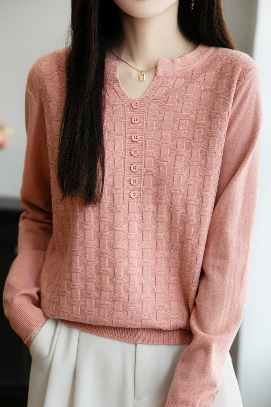 Lässiger vielseitiger V-Ausschnitt dekorativer Knopf strukturierter Langarm-Pullover