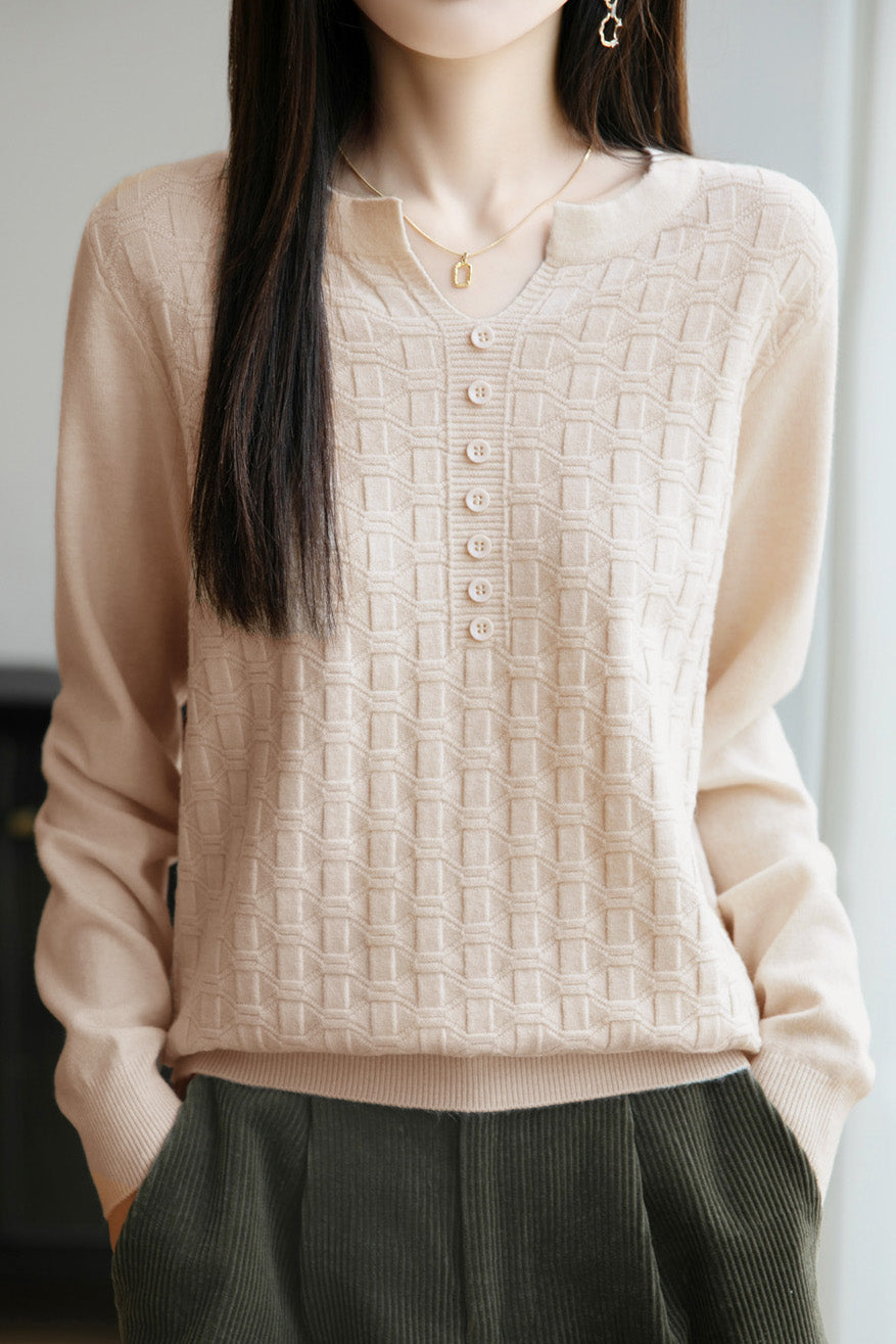 Lässiger vielseitiger V-Ausschnitt dekorativer Knopf strukturierter Langarm-Pullover