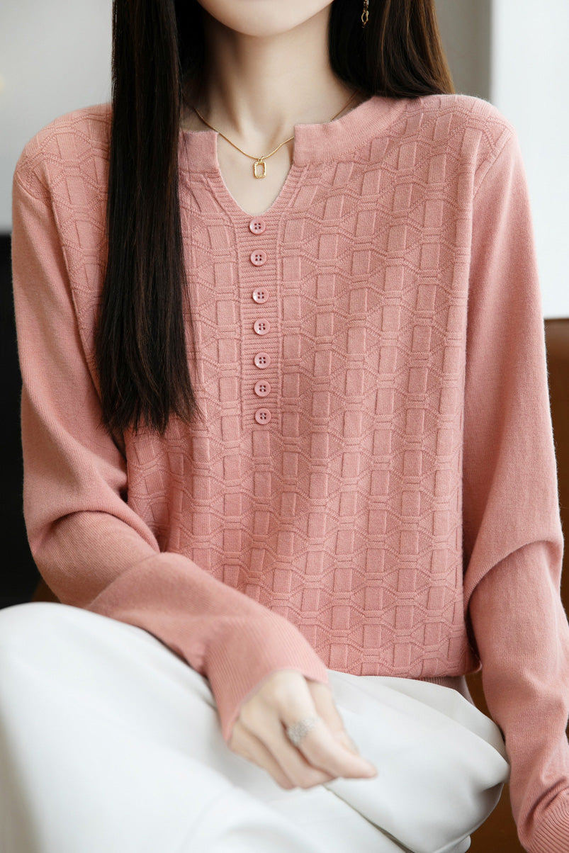 Lässiger vielseitiger V-Ausschnitt dekorativer Knopf strukturierter Langarm-Pullover