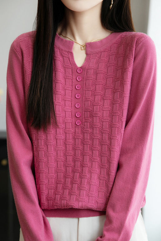 Lässiger vielseitiger V-Ausschnitt dekorativer Knopf strukturierter Langarm-Pullover