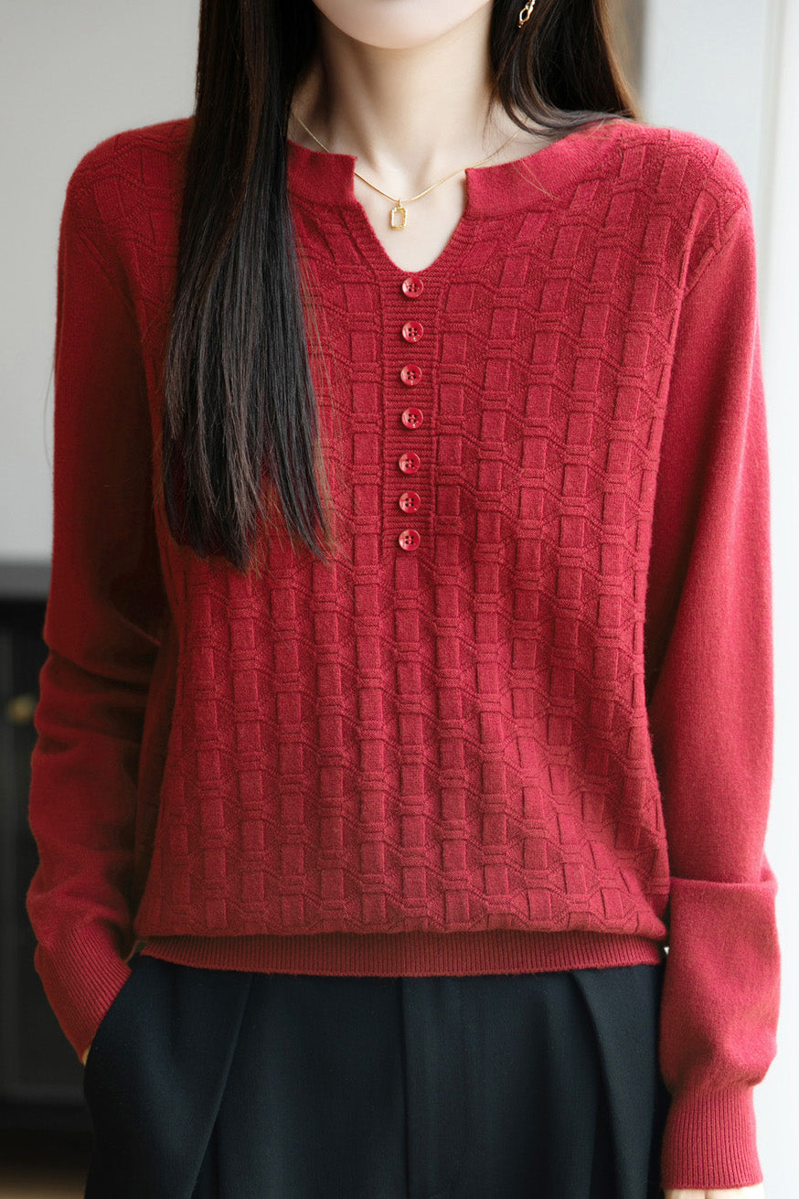 Lässiger vielseitiger V-Ausschnitt dekorativer Knopf strukturierter Langarm-Pullover