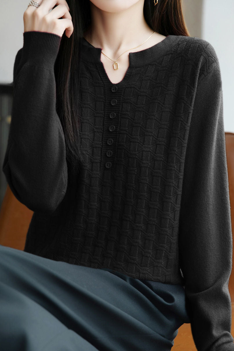 Lässiger vielseitiger V-Ausschnitt dekorativer Knopf strukturierter Langarm-Pullover