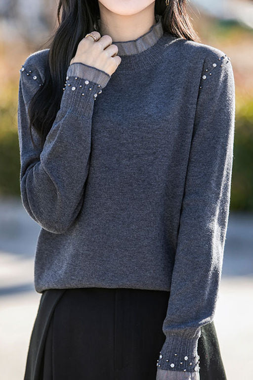 Elegantes, hautfreundliches, rüschengesäumtes Kragen-Strass Longsleeve Strickoberteil