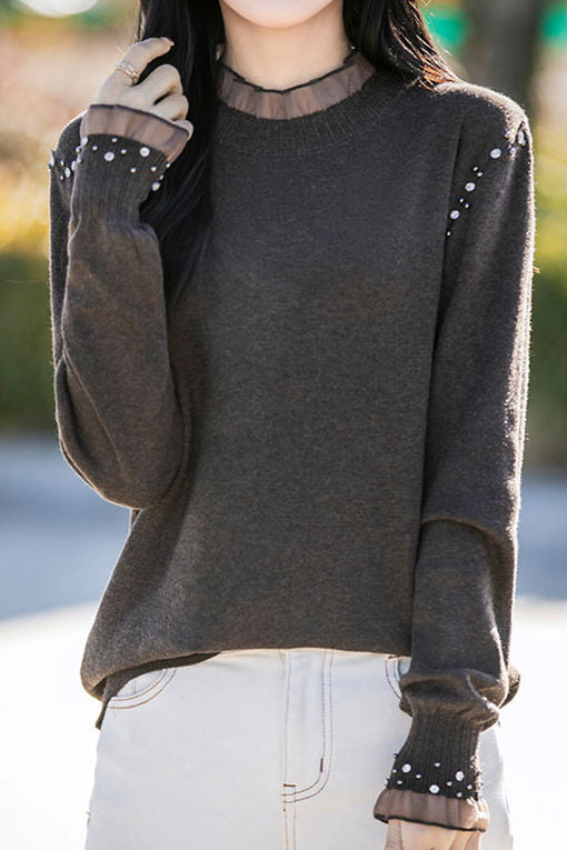 Elegantes, hautfreundliches, rüschengesäumtes Kragen-Strass Longsleeve Strickoberteil