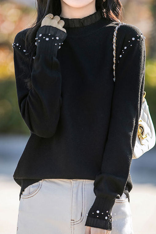 Elegantes, hautfreundliches, rüschengesäumtes Kragen-Strass Longsleeve Strickoberteil