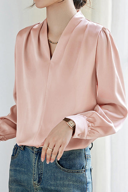 Exquisites Langarm V-Ausschnitt Satinhemd