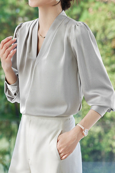 Exquisites Langarm V-Ausschnitt Satinhemd