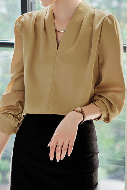 Exquisites Langarm V-Ausschnitt Satinhemd