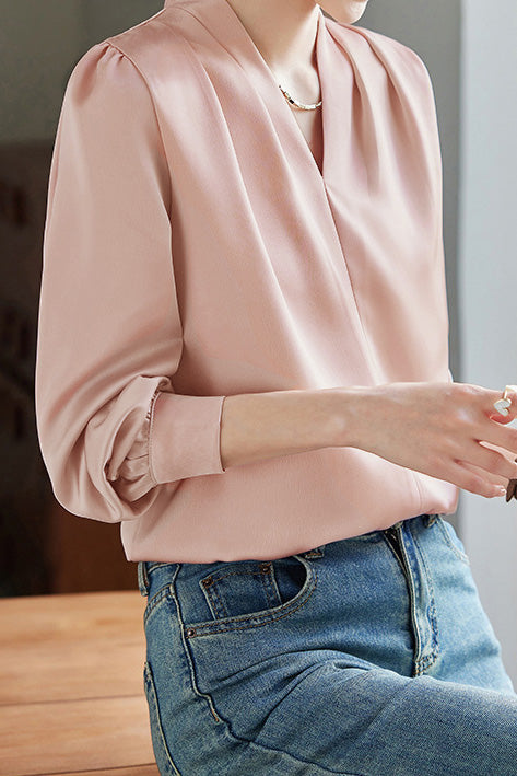 Exquisites Langarm V-Ausschnitt Satinhemd