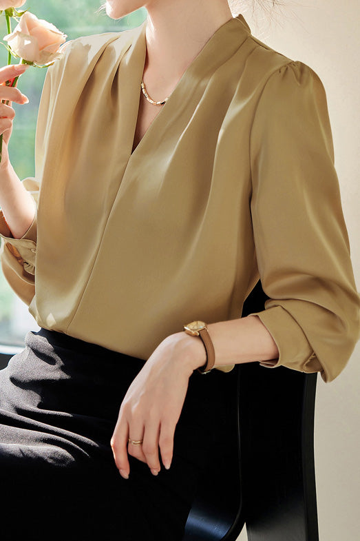 Exquisites Langarm V-Ausschnitt Satinhemd