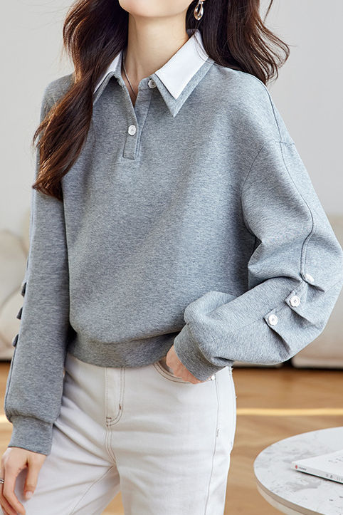 Lässiger Doppel-Lagen Polo-Kragen Falten Hoodie mit langen Ärmeln