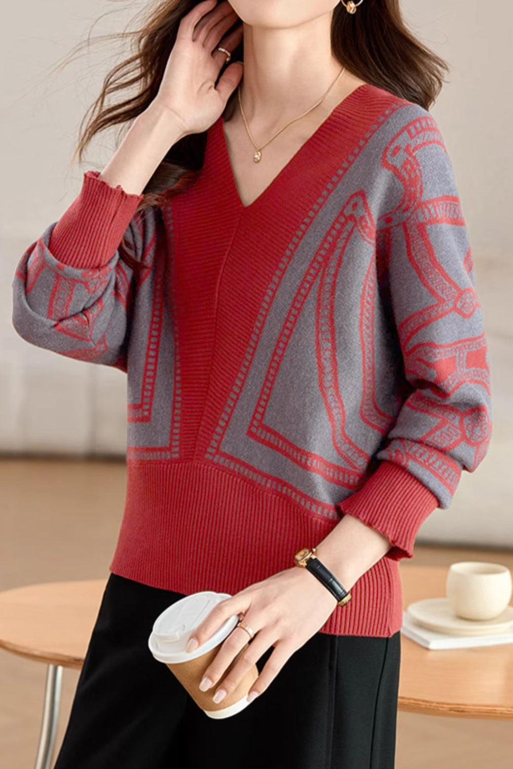 Lässiges V-Ausschnitt Batwing Ärmel Stricktop