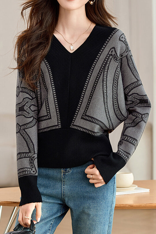 Lässiges V-Ausschnitt Batwing Ärmel Stricktop