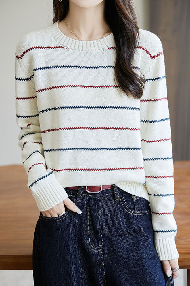 Wellig Gestreiftes Rundhals-Strickoberteil