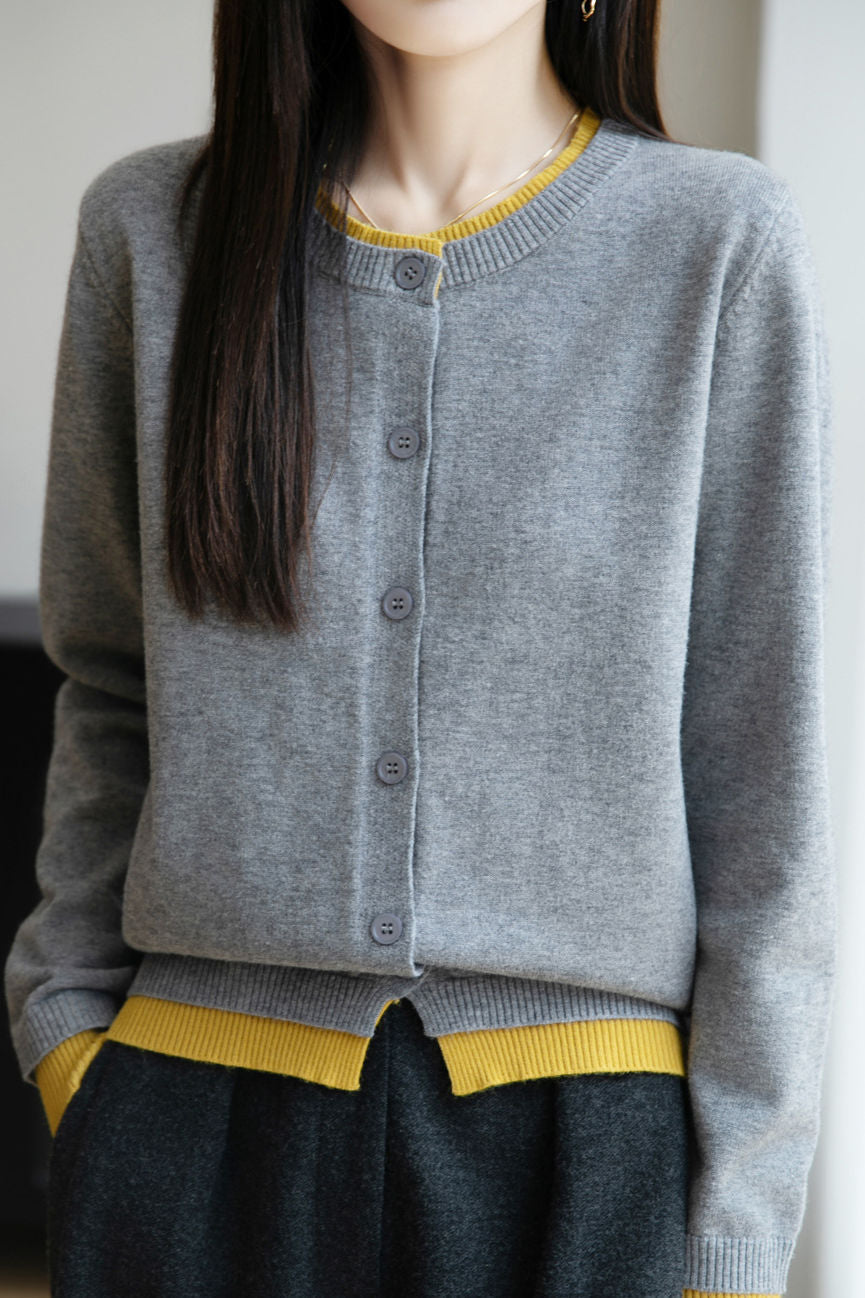 Lässiger Crew-Neck Fake Zweiteiler Paneled Cardigan