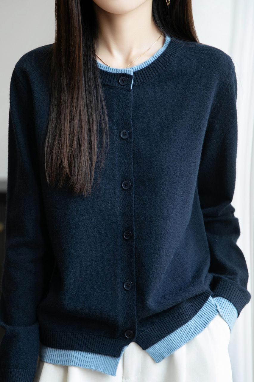 Lässiger Crew-Neck Fake Zweiteiler Paneled Cardigan