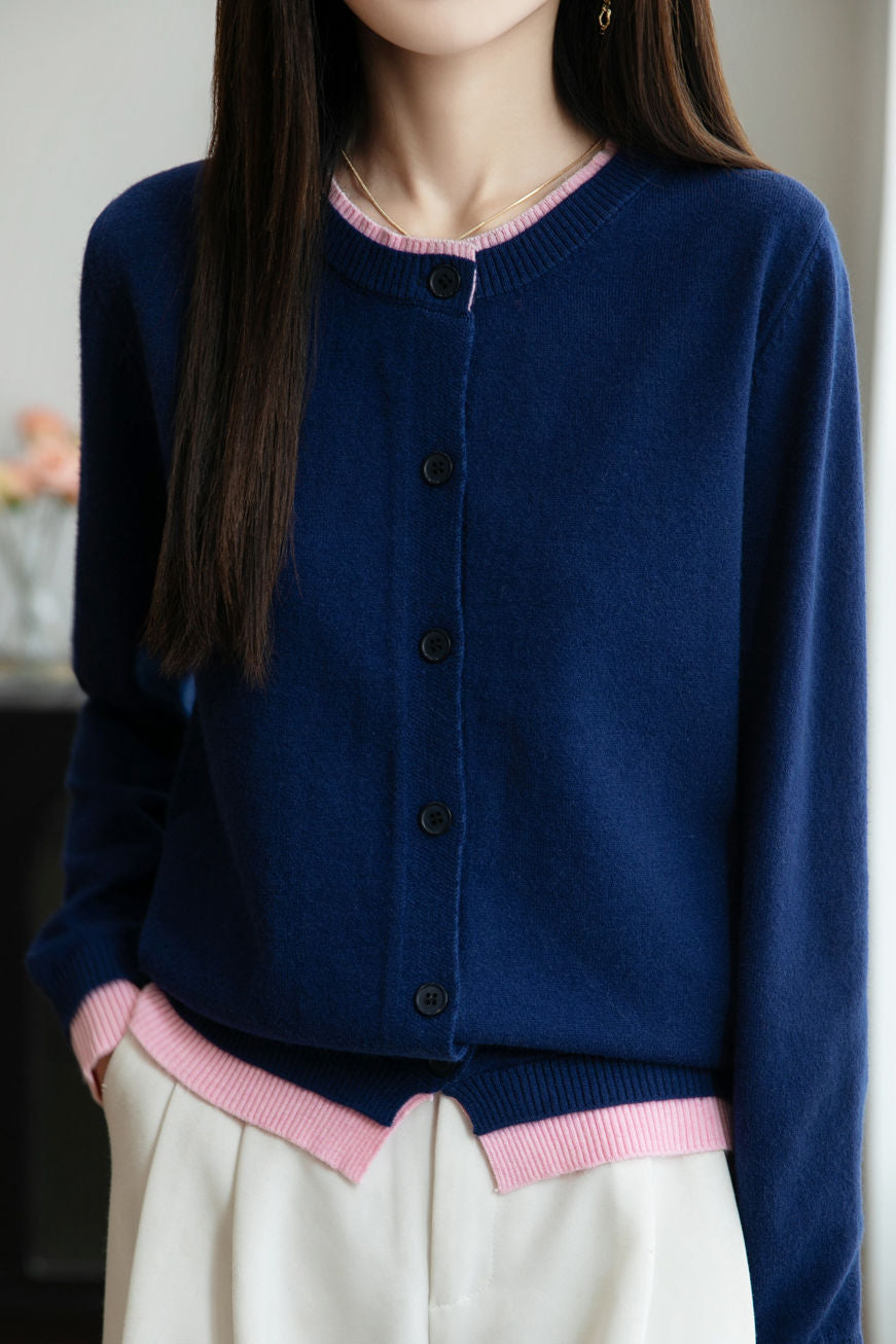 Lässiger Crew-Neck Fake Zweiteiler Paneled Cardigan