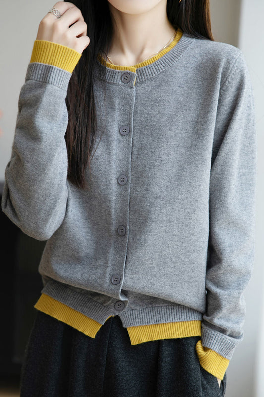 Lässiger Crew-Neck Fake Zweiteiler Paneled Cardigan