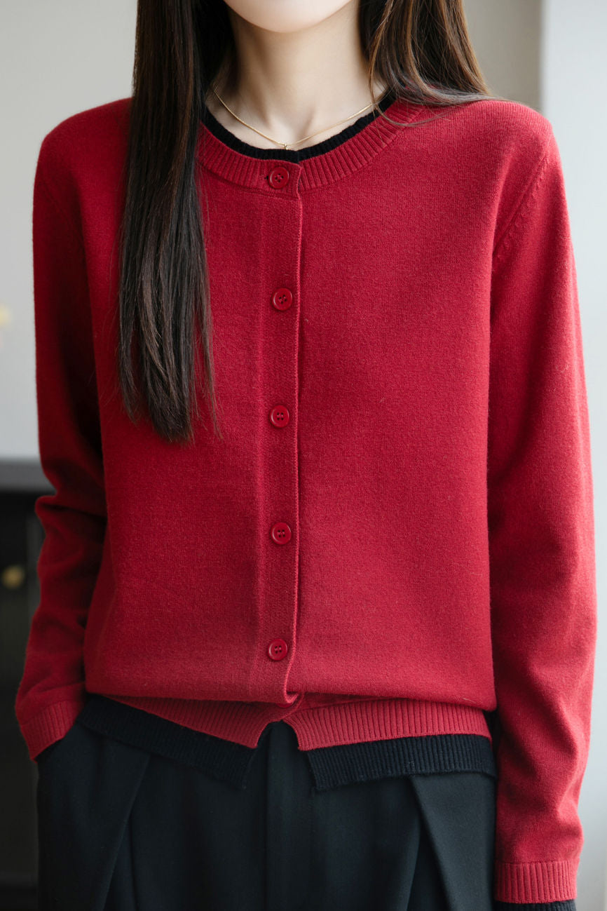 Lässiger Crew-Neck Fake Zweiteiler Paneled Cardigan