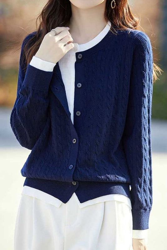 Lässiger vielseitiger farbblockierter Fake-Zwei-Teile Strick-Cardigan