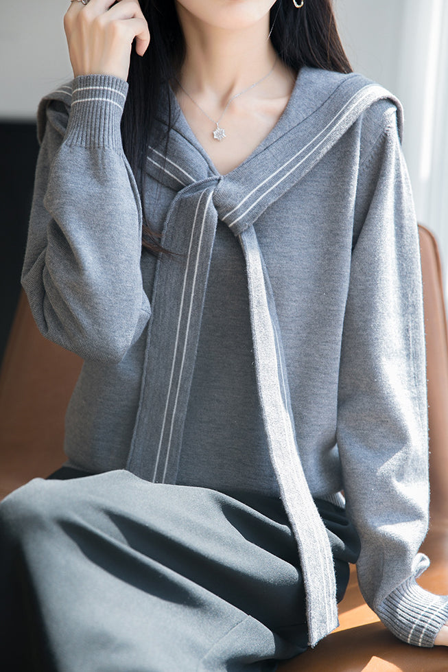 Lässiges Vielseitiges Navy-Kragen Langarm Strickoberteil