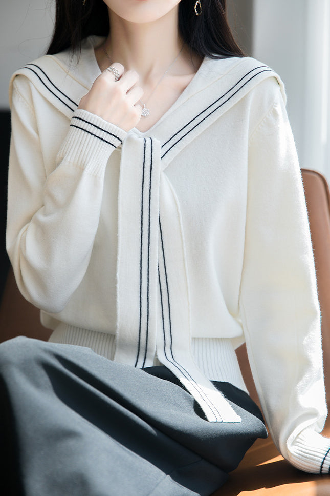 Lässiges Vielseitiges Navy-Kragen Langarm Strickoberteil