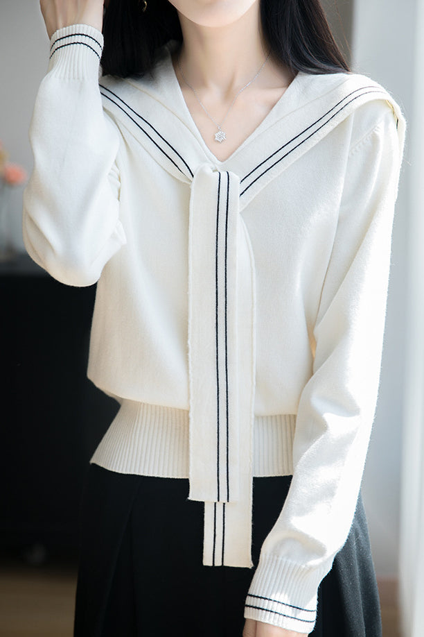 Lässiges Vielseitiges Navy-Kragen Langarm Strickoberteil