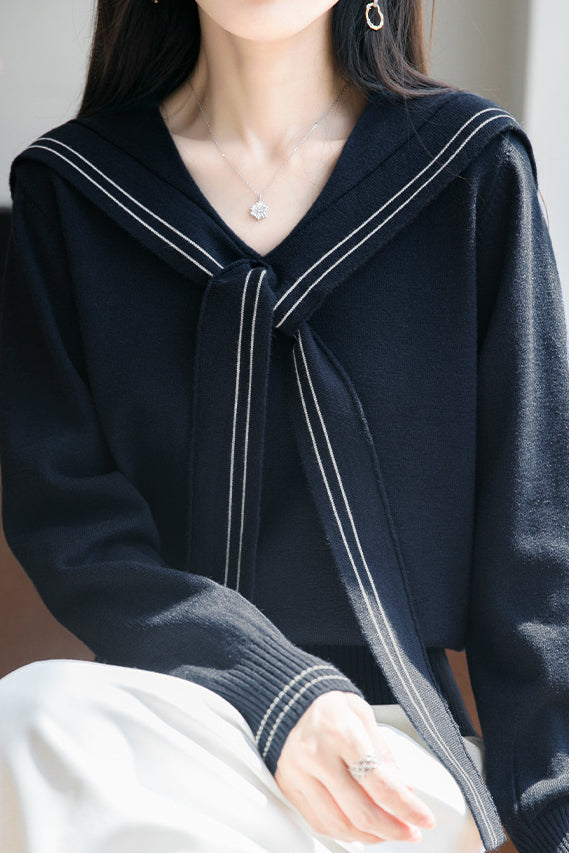 Lässiges Vielseitiges Navy-Kragen Langarm Strickoberteil
