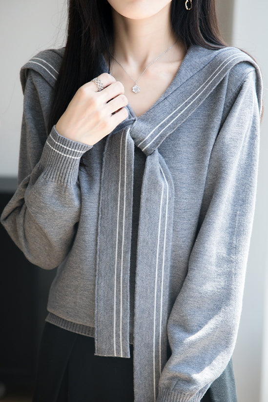 Lässiges Vielseitiges Navy-Kragen Langarm Strickoberteil