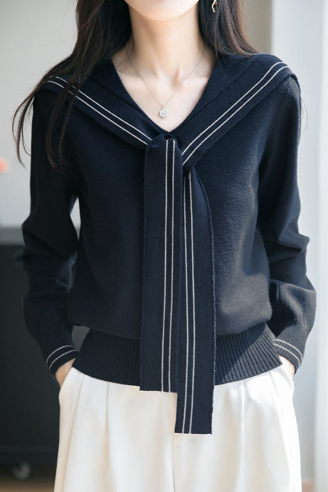 Lässiges Vielseitiges Navy-Kragen Langarm Strickoberteil