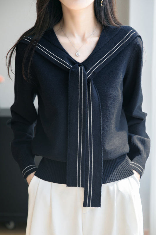 Lässiges Vielseitiges Navy-Kragen Langarm Strickoberteil