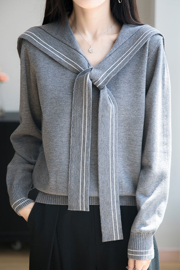 Lässiges Vielseitiges Navy-Kragen Langarm Strickoberteil