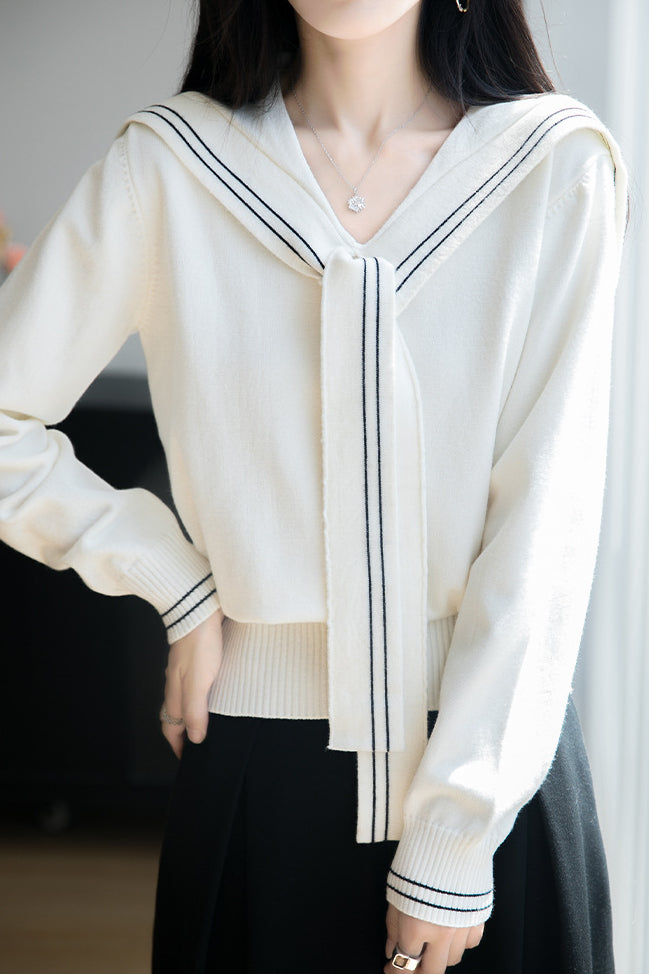 Lässiges Vielseitiges Navy-Kragen Langarm Strickoberteil